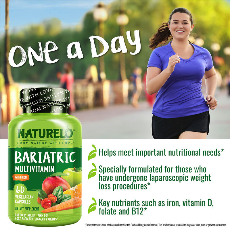NATURELO Bariatric Multivitamin with Iron, 60 Veggie Capsules, 2 Pk | One daily, for post gastric bypass surgery patients and bariatric surgery patients, natural whole food nutrition 60 Count (Pack of 2)