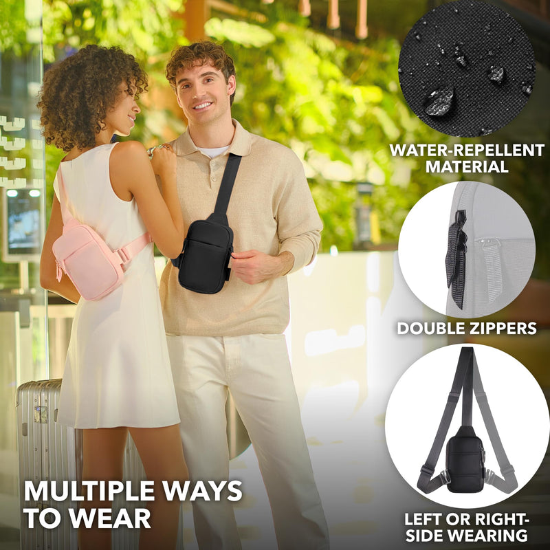 Mini Sling Bag Crossbody Fanny Pack Men & Women - Switchable Strap, RFID Blocking, Water-Repellent, Hidden Pocket Black