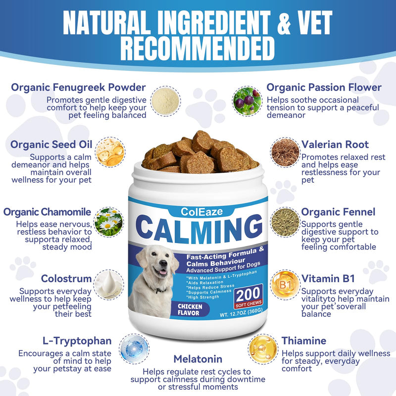 Calming Chews for Dogs Puppy Dog Calming Chews, Help Manage Stress and Promote Relaxation Sleep Aid Calm Dog from Noise, Thunder, Barking, Separation, Small Medium Large & All Breeds Chicken 200 Count