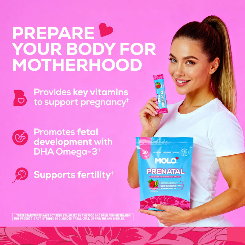MOLO Prenatal Multi-Vitamin Drink Mix for Women – Packed with Essential Vitamins & Antioxidants, Methylfolate, & Iron – 30 Stick Packs Strawberry Kiwi Flavor – Vegetarian, Gluten-Free & Non-GMO