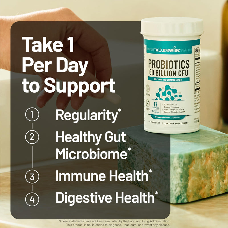NatureWise Probiotics 60 Billion CFU - 17 Strains + Organic Prebiotics - Immune, Digestive & Gut Health Support for Women & Men - Vegetarian, Gluten-Free, Non-GMO - 30 Capsules[1-Month Supply] 30 Count (Pack of 1) - BeesActive Australia