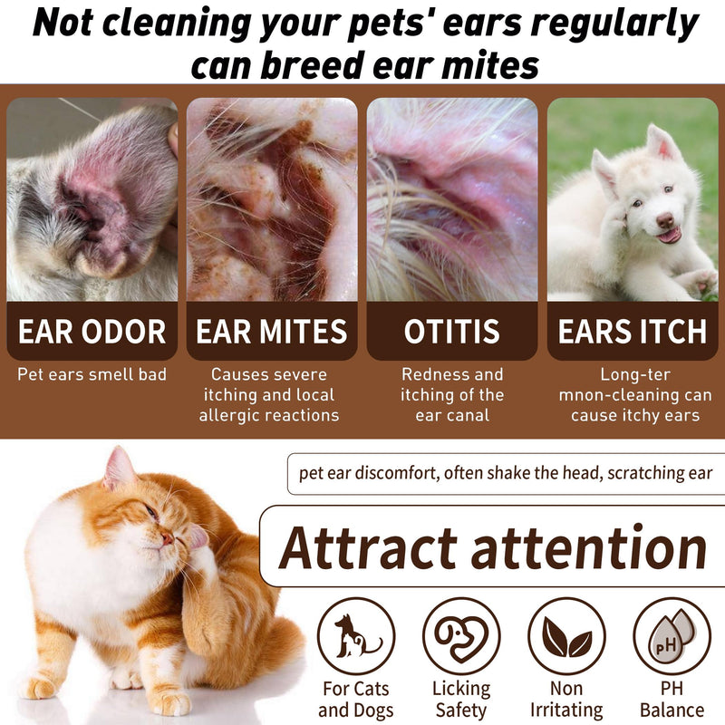 Ear Cleaner for Dogs and Cats, with Bendable Applicator, Non-Irritating, Dog Ear Cleaner Solution to Eliminates Ear Odour, Dirt and Debris, 60ml