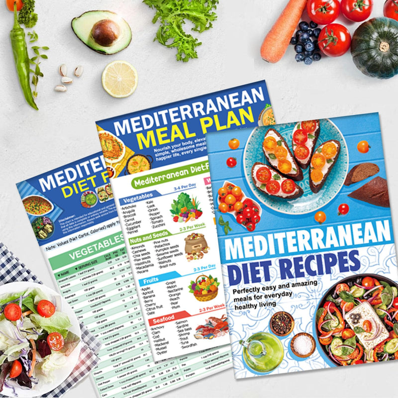 3 Piece Mediterranean Diet Food List Ingredients Meal Planner Manual Restricted Diet Foods - Avoidance Guide Net Carb Calorie Servings Weight Loss Diet Diabetes Friendly Easy Recipes for Beginners