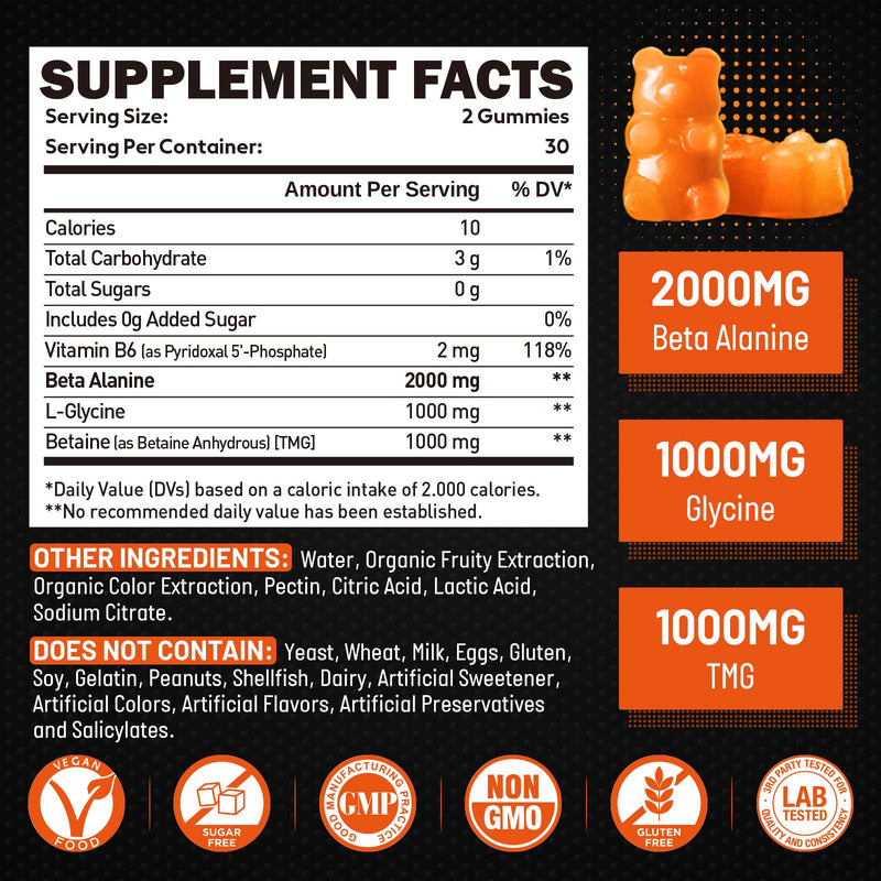 Beta Alanine Gummies 2000mg for Muscle Recovery, Sugar-Free, Vegan, 120 | 4-in-1 Amino Supplements with Glycine, TMG & Vitamin B6 for Adults, Orange Flavor, 60 Chews 60 Count (Pack of 2)