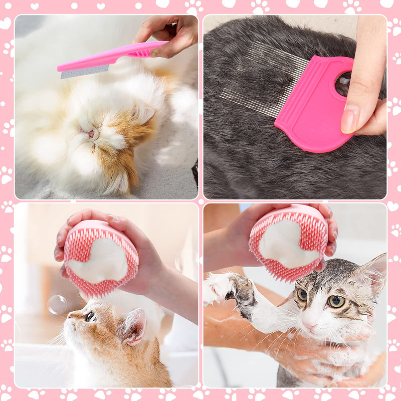 VCZONE 8 Pcs Cat Brush Grooming Kits, Pet Self Cleaning Kit with Pet Nail Clipper and File, Flea Comb, Pet Shampoo Bath Brush, Pet Shedding Brush, Silicone Toothbrush (Pink) Pink - BeesActive Australia