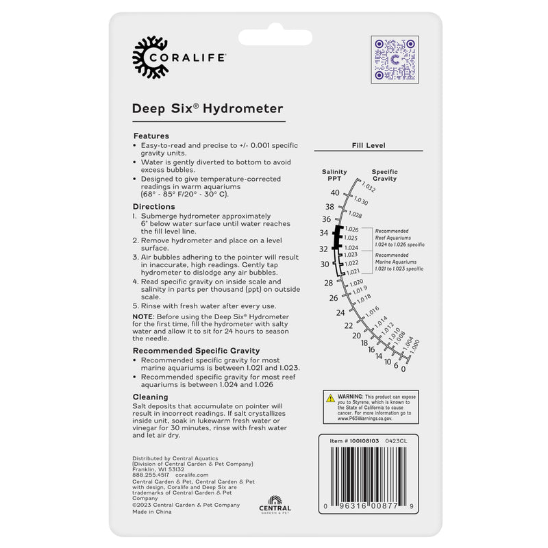 Coralife Aquarium Fish Tank Deep Six Hydrometer For Measuring Water Salinity PPT and Specific Gravity
