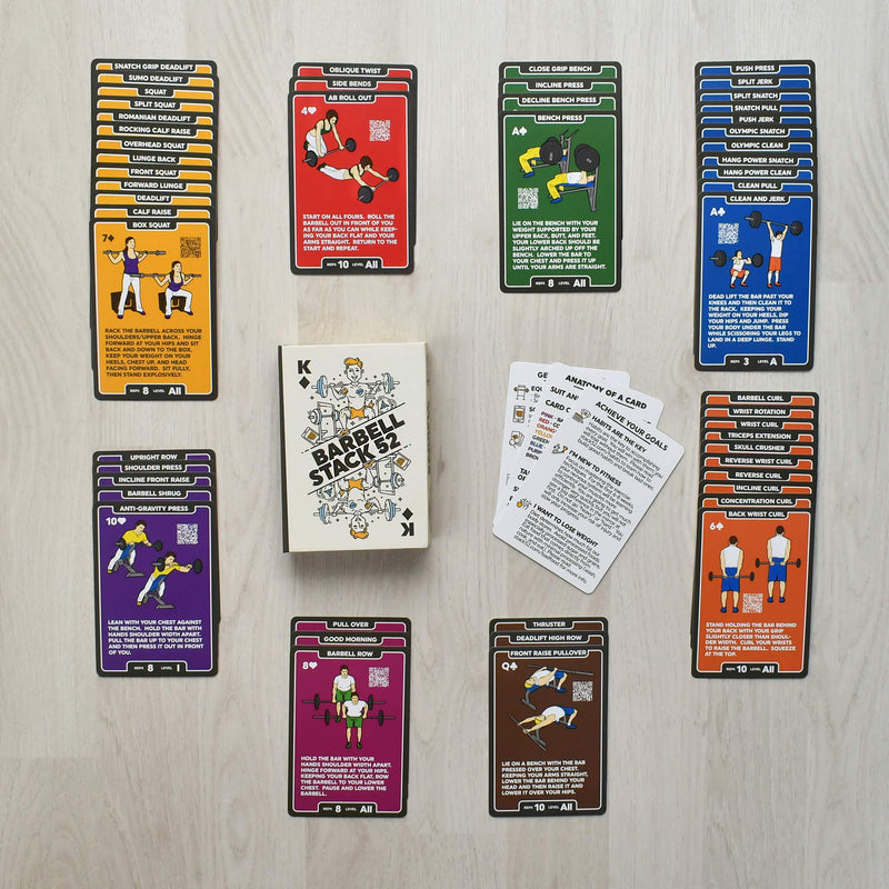 Stack 52 Barbell Exercise Cards. Weight Lifting Playing Card Game. Video Instructions Included. Bodybuilding, Strength Training, and Crossfit Workouts. Home Gym Fitness Program. (2019 Update) 2019 Update