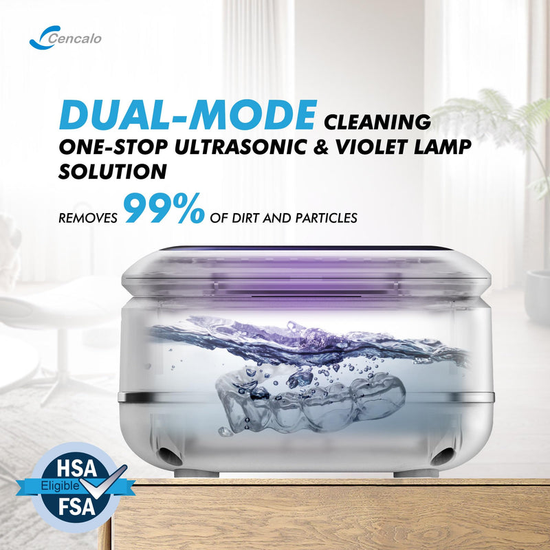 FSA HSA Eligible | 2-in-1 Ultrasonic & U-V Dental Cleaner, 42kHz Deep Cleaning Machine with Digital Timer, 180ml Pod for Retainers, Aligners, Mouth Guards | Viewing Port White - BeesActive Australia