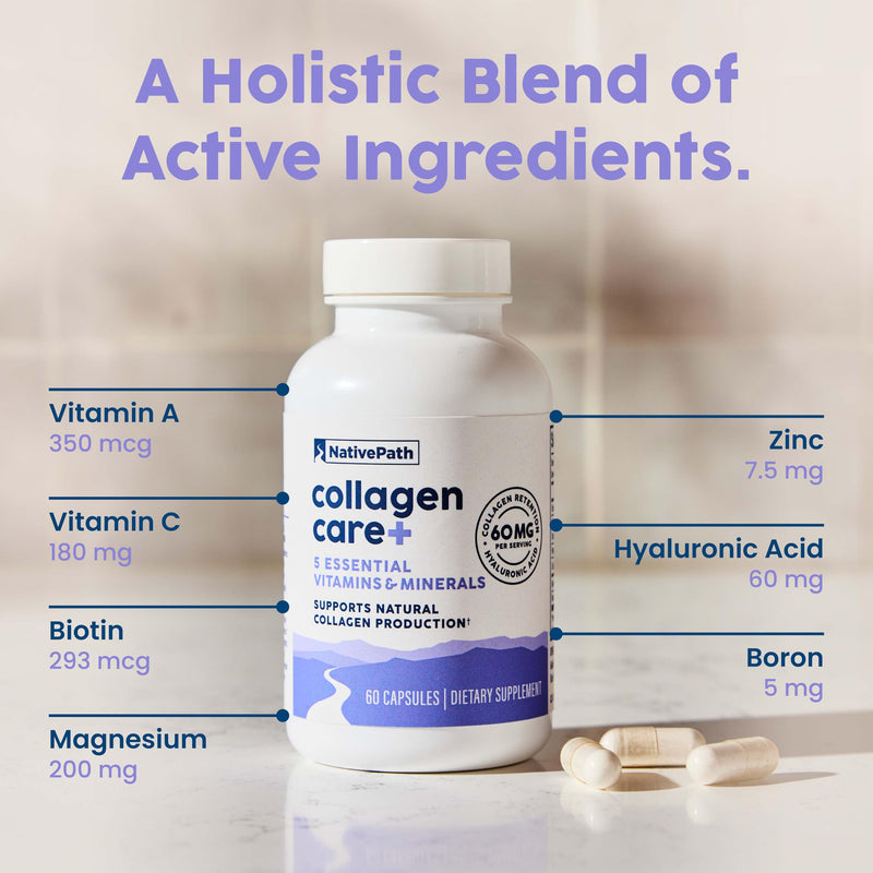 NativePath Collagen Care+, 5 Vitamin Blend with Hyaluronic Acid and Boron that Supports Collagen for Men and Women, 60 Capsules (Pack of 2) 60 Count (Pack of 2)