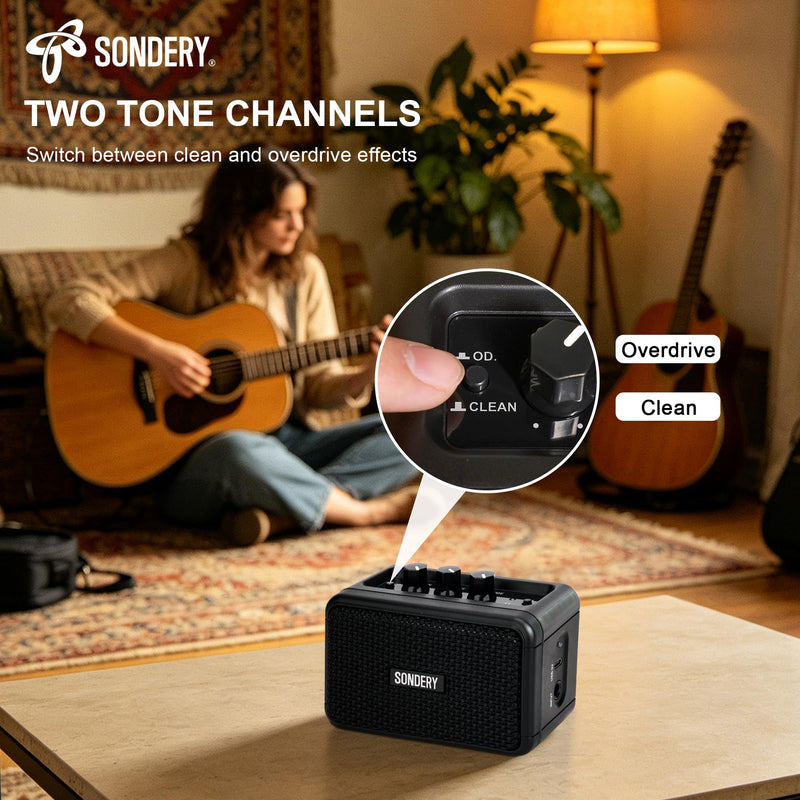 Sondery 5W Mini Amp for Electric Guitar Rechargeable with OD Clean Effects Black