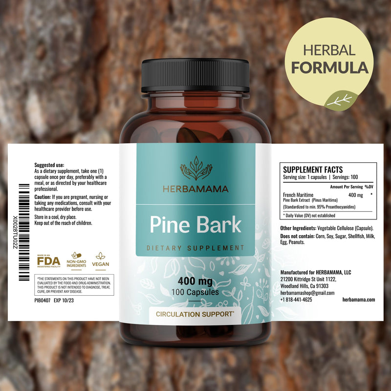 HERBAMAMA Pine Bark Extract Capsules - 400mg French Maritime Pine Bark Extract Powder for Antioxidant Support - Vegan, Non-GMO Pinus Pinaster Supplement - BeesActive Australia