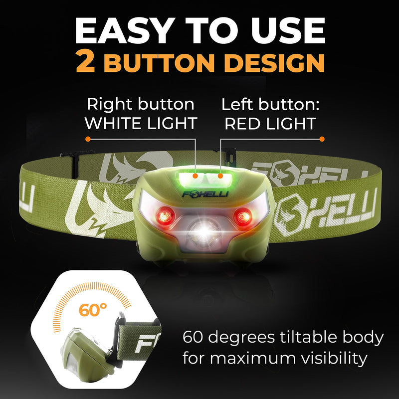 Foxelli Rechargeable Headlamp Bundle of 2 – Khaki & Black: Super Bright LED Head Lamps, Lightweight & Comfortable for Running, Camping, Hiking & Work
