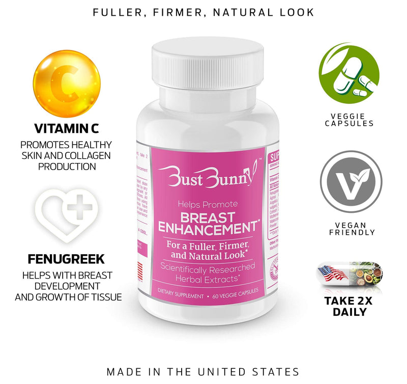Bust Bunny Breast Enhancement & Enlargement Pills, Vegan, 3 Month Supply | Vegan herbal breast growth support for women & transgender; Fenugreek, Red Clover, Vitamin C; non-GMO with no fillers