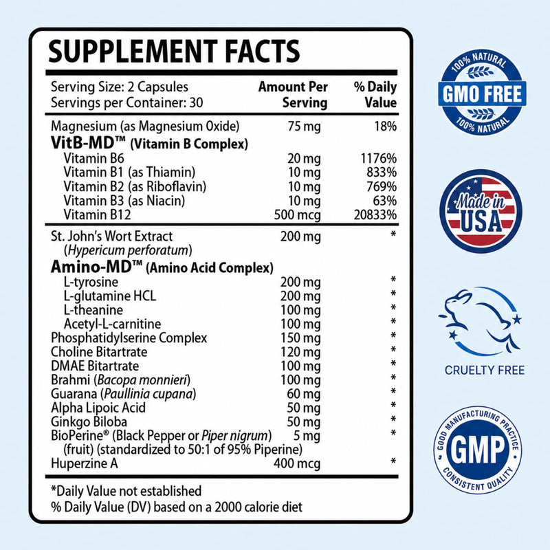 Brainol - Targeted Brain Support Supplement - B Vitamins, Magnesium, Amino Acids, St. John's Wort, Phosphatidylserine, Ginkgo Biloba - Vegan-Friendly - 60 Capsules - 1 Month Supply 60 Count (Pack of 1)