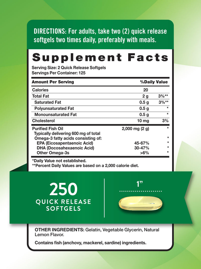 Nature's Truth Fish Oil 2000 mg | 600 mg Omega 3 | 250 Softgels | Natural Lemon Flavor | Non-GMO and Gluten Free Supplement