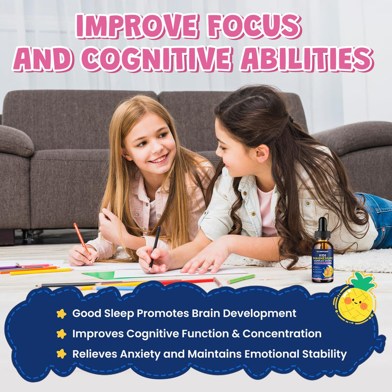 Magnesium Complex Liquid for Kids - Magnesium Glycinate, Malate, Taurate, Citrate with Calcium, Omega-3, L-theanine, Zinc,Vitamin B6 D3 C for Sleep, Relaxation, Calm & Focus, Pineapple Flavor, 2 Fl Oz 2 Fl Oz (Pack of 1)