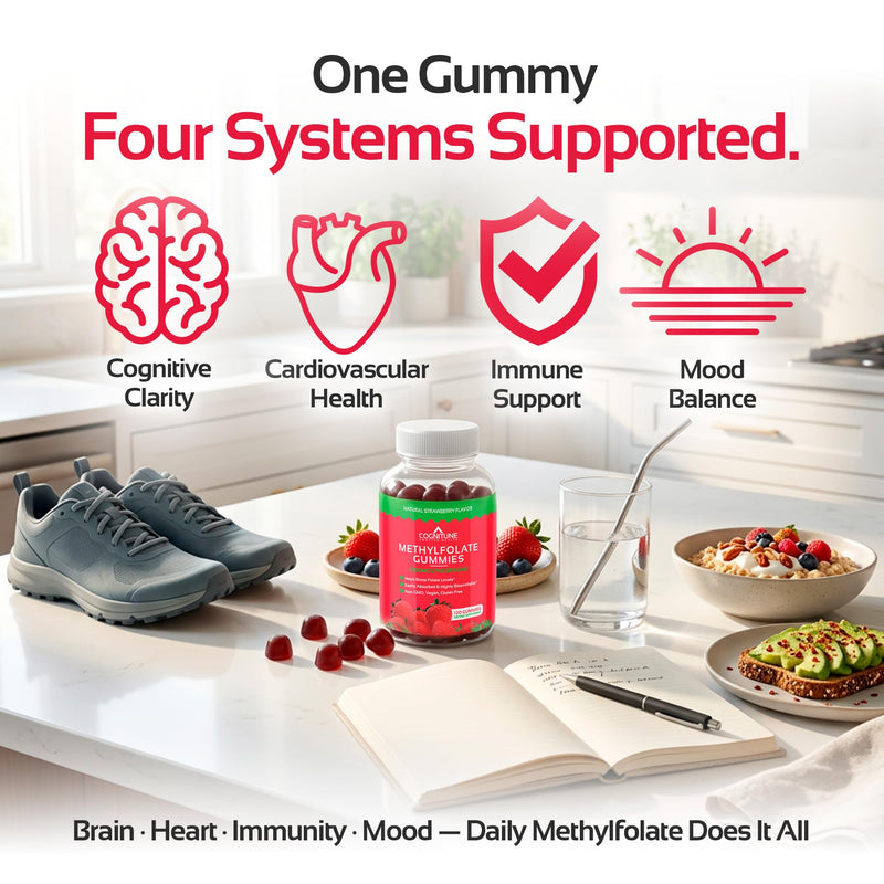 CogniTune Methylfolate Gummies for Kids and Adults 1000mcg 60 Count | L-Methylfolate 5-MTHF, MTHFR Support, Strawberry Chewable Vitamin B9, Non-GMO Vegan 60 Count (Pack of 1)