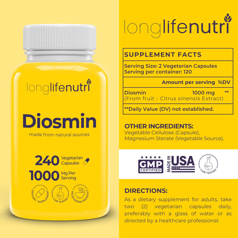 Diosmin 1000mg Advanced Formula - 240 Capsules for Circulatory Health Support, 4-Month Supply, Non-GMO, Made in USA - Daily Wellness Supplement