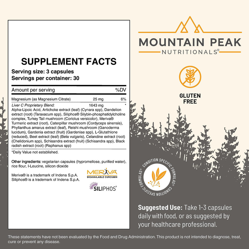 Mountain Peak Nutritionals Liver C Milk Thistle Turmeric 90ct | Siliphos Milk Thistle, Turmeric & Mushroom Blend; Supports Healthy Liver Function, Detox & Energy; Vegetarian Capsules 90 Count (Pack of 1)