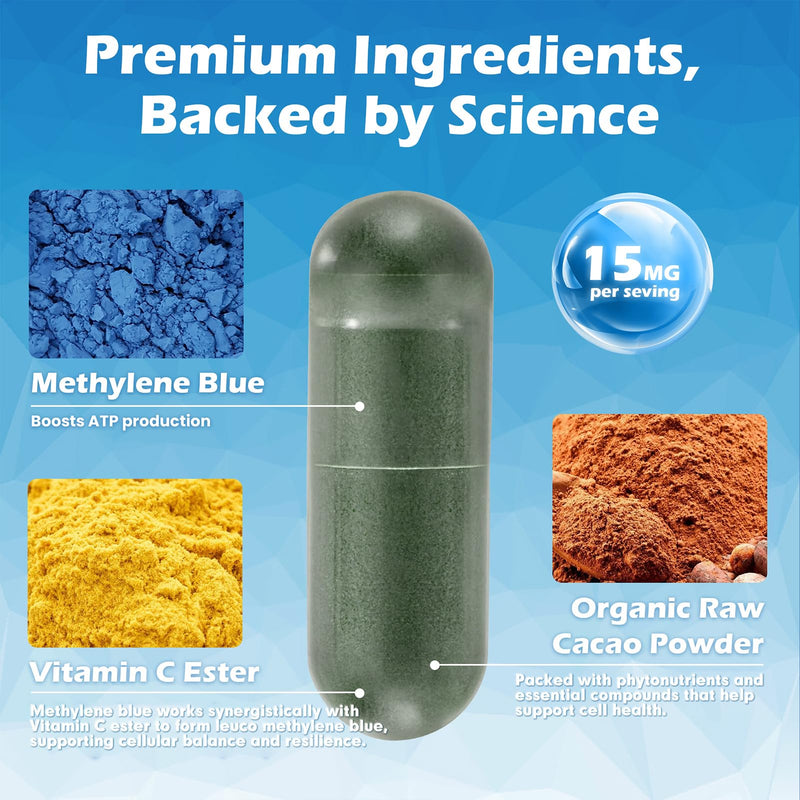 Methylene Blue Capsules — Premium Quality Methylene Blue with Vitamin C Ester, Dietary Supplement, 60 Easy‑to‑Swallow Capsules