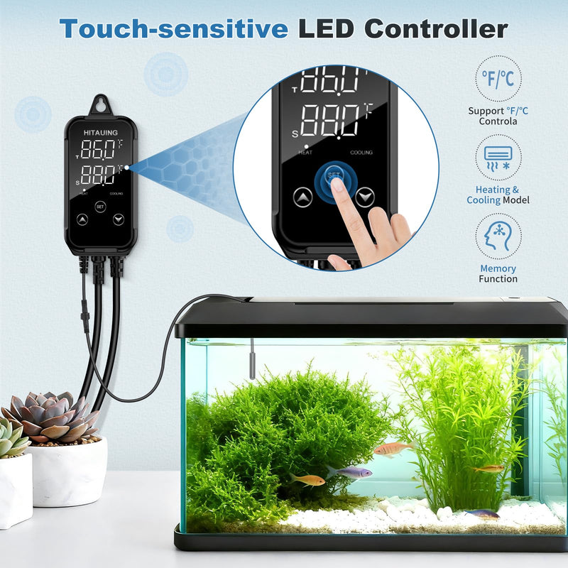 HiTauing Digital Temperature Controller, Aquarium Heater Reptile Thermostat Heating and Cooling Dual Outlet with Seawater-Resistant Probe for Fish Tanks, Reptile Tanks, Greenhouse & Seedling Mat S10B