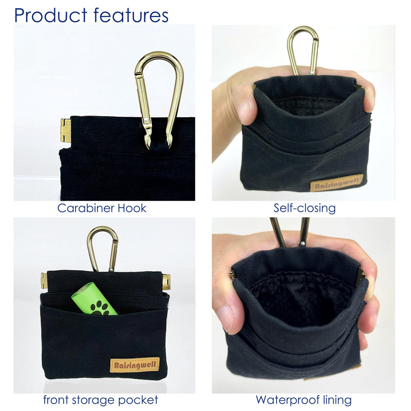Dog Treat Pouch, Black Pocket Sized Pet Training Pouch, Cotton Fabric, Hand Free Dog Walking Bag with Carabiner, Self-Closing Pet Feed Snack Reward, for Pet Puppy Travel or Outdoor Use a.Black - BeesActive Australia