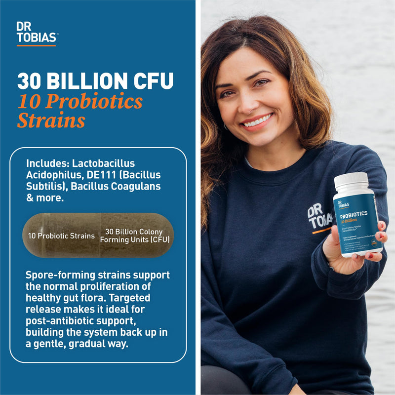 Dr. Tobias Probiotics 30 Billion CFU 30 Capsules | Gut Health Support | Daily Digestive Support | 10 Probiotic Strains | Targeted Release Probiotics for Women & Men | Shelf Stable | 30 Servings 30 Count (Pack of 1)