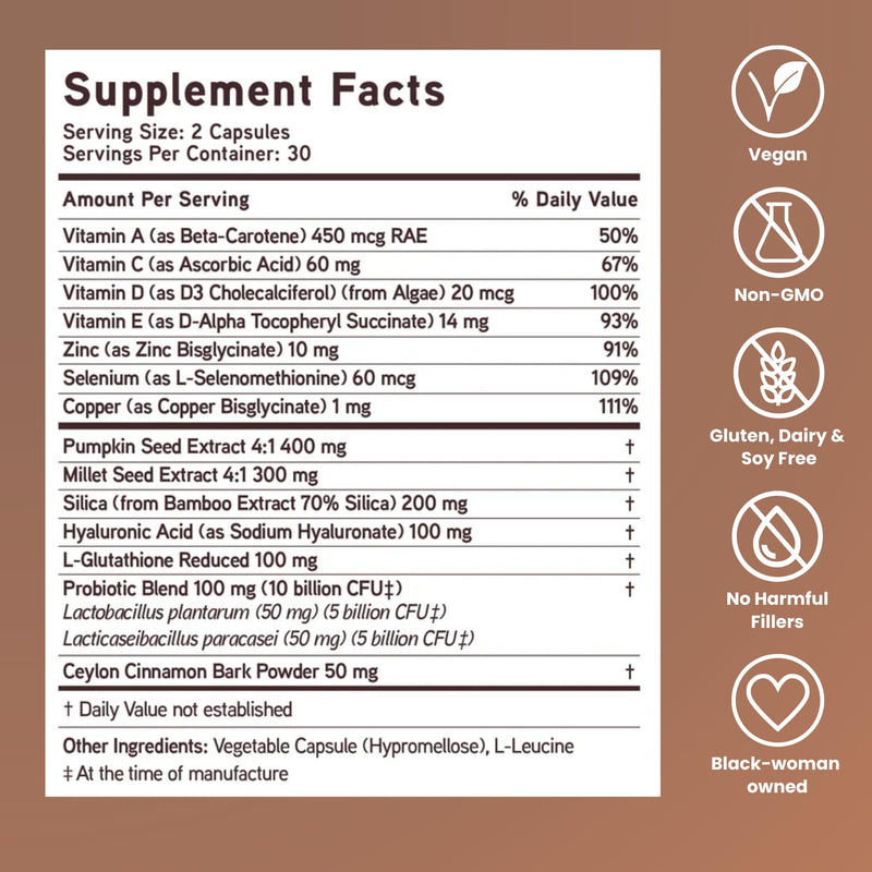 Mela Daily Glow for Healthy Melanin-Rich Skin & Textured Hair – with Silica, Millet, Pumpkin Seed, Probiotics, Hyaluronic Acid & Vitamin D3 – Vegan, Biotin-Free, Gluten & Soy-Free – 60 Count