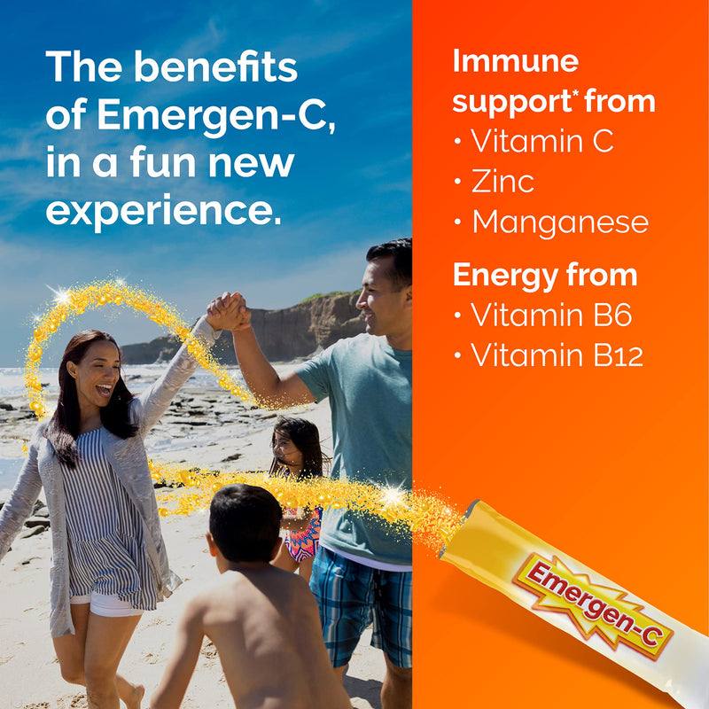 Emergen-C Crystals, On-The-Go Immune Support Supplement with Vitamin C, B Vitamins, Zinc and Manganese, Orange Vitality - 56 Stick Packs - BeesActive Australia