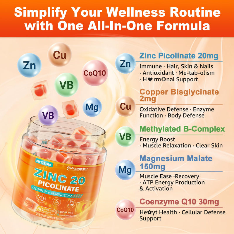 Zinc Picolinate Gummies Copper Bisglycinate Supplements for Women Men, 60Ct | w/ Magnesium, Methylated B Complex, CoQ10, High Absorption Chelated Zinc Supplement Immune Support Gummy - Sugar Free, Vegan 60 Count (Pack of 1)