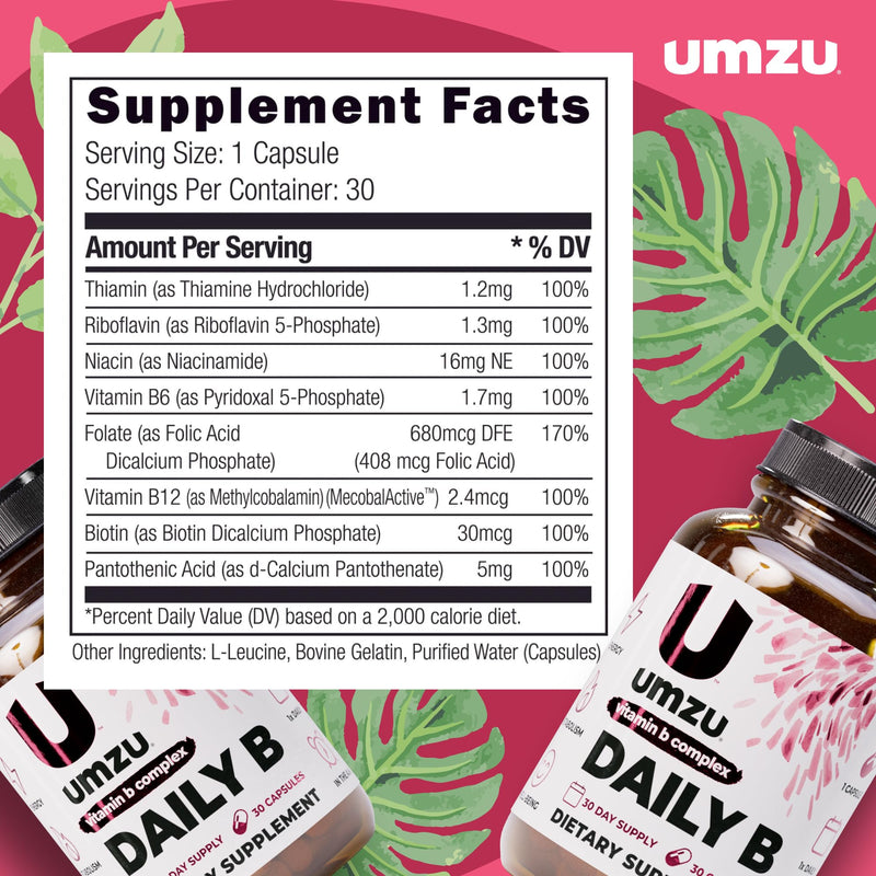 UMZU Daily B Vitamin B Complex, 30 Day Supply | Vitamins B1, B2, B3, B5, B6, B7, B9 and B12, Folic Acid and Biotin, Energy, Focus, Mood and Metabolism Support