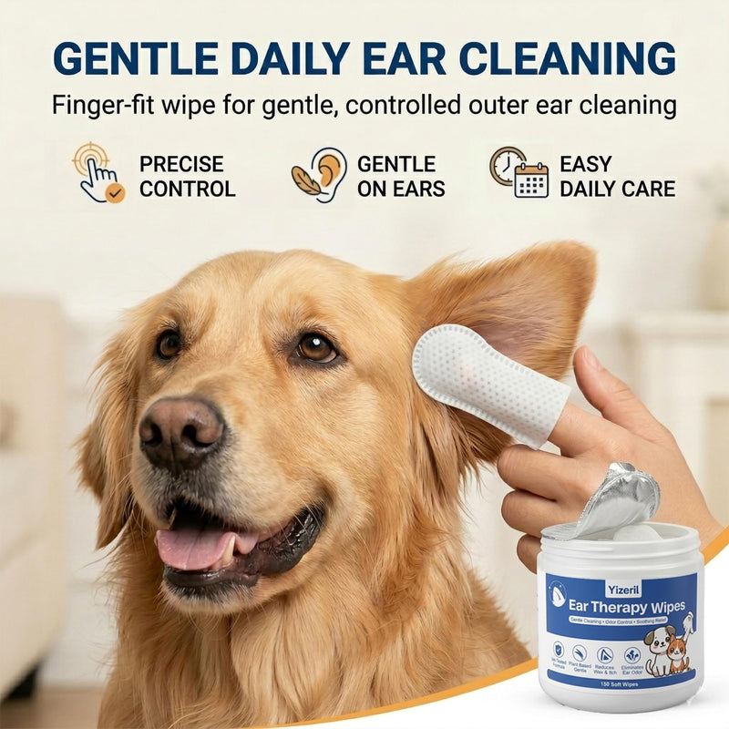 Dog Ear Wipes - 150 Count Finger Ear Cleaner for Cats, Alcohol Free Plant Based Ear Cleaning, Remove Wax Dirt Odor Ear Therapy Wipes