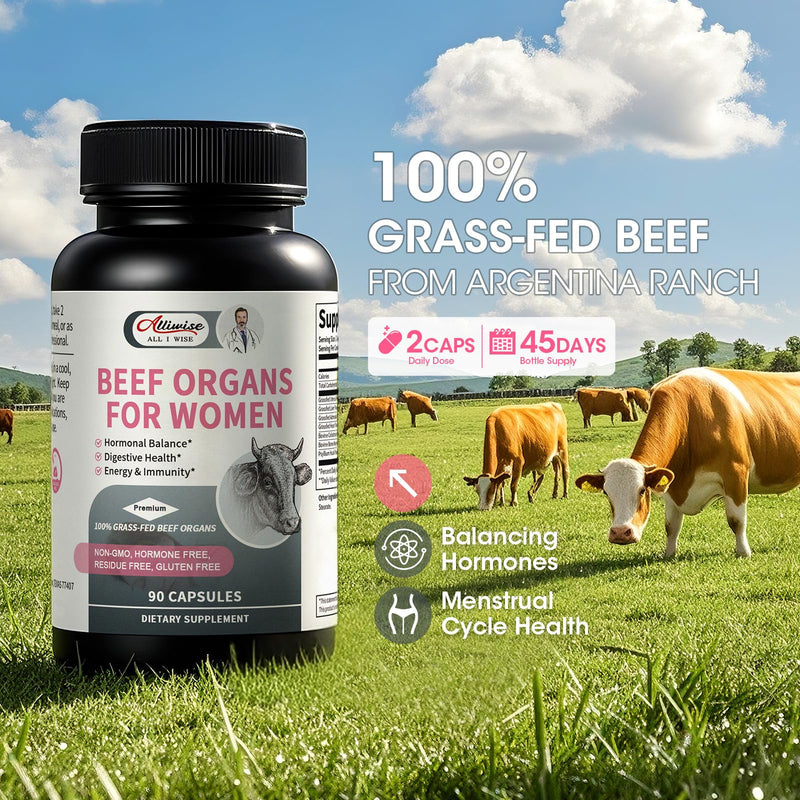 Beef Organ Supplement for Women - Grass Fed Beef Liver Uterus* Adrenals Heart Bone Marrow Colostrum for Female Hormonal* Digestive Energy Immunity Beauty | Non-GMO Gluten-Free (90 Capsules for 45 Day) 90 Count (Pack of 1) - BeesActive Australia