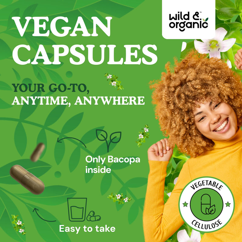 Wild & Organic Bacopa Monnieri Capsules 600 mg - Brain Support - Natural Bacopa Supplements - Brahmi Capsules - 120 Days of Supply - Vegan, No Fillers, Non-GMO - 120 Count