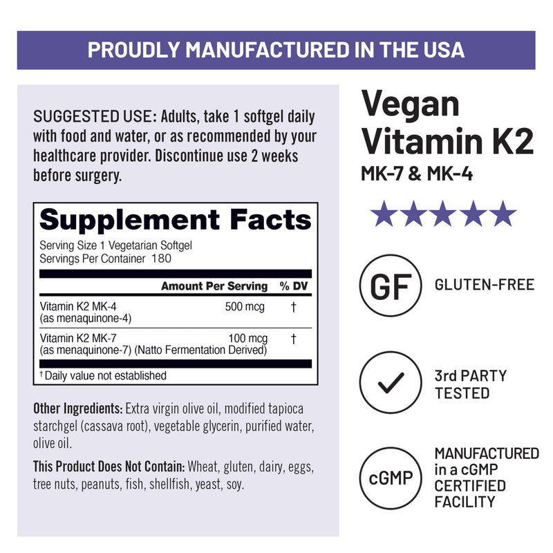NatureWise Vitamin K2 600mcg Supplement with MK-7 100mcg & MK-4 500mcg - Enhanced Bioavailable Formula - K Complex for Bone and Heart Health - Vegan, Gluten Free, Non-GMO -180 Softgels[6-Month Supply] 180 Count (Pack of 1)