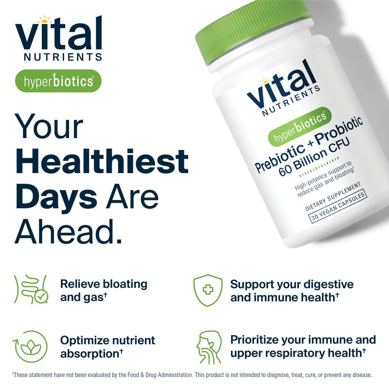 Hyperbiotics Vital Nutrients Prebiotic and Probiotic for Women and Men | 60 Billion CFU | Pre and Probiotics Supports Digestive Health, Constipation, Diarrhea, Gas & Bloating | 30 Vegan Capsules 30 Count (Pack of 1)