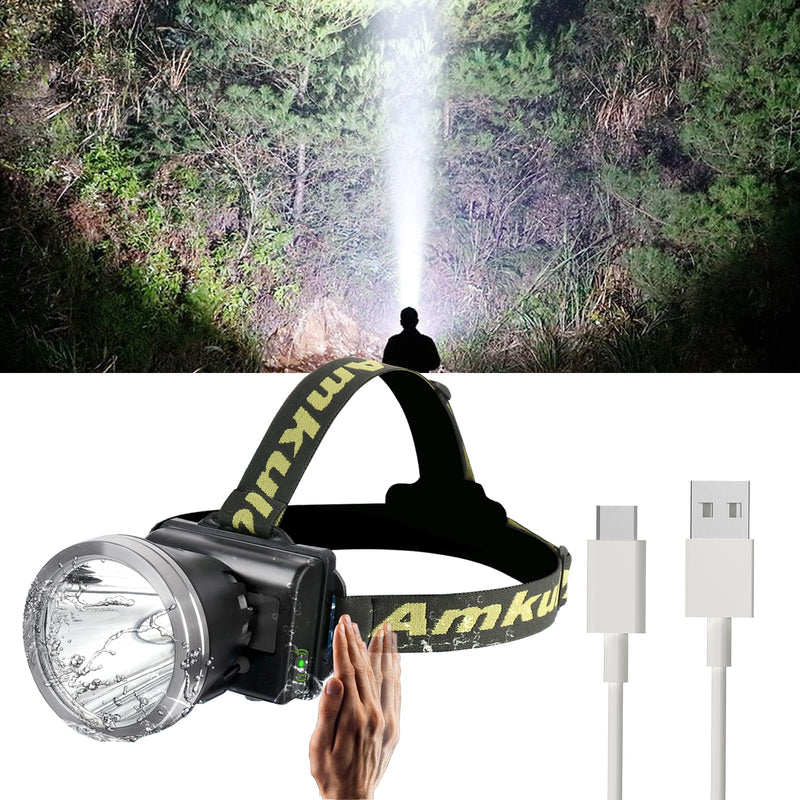 Super Bright Headlamp,USB C Led Rechargeable Head Lamp, Waterproof Headlight for Forehead-72H Battery Life, 90°adjustable Sensor Headlamps Flashlight for Outdoor Hunting,Camping,Fishing(500m Beam) 5200mAh