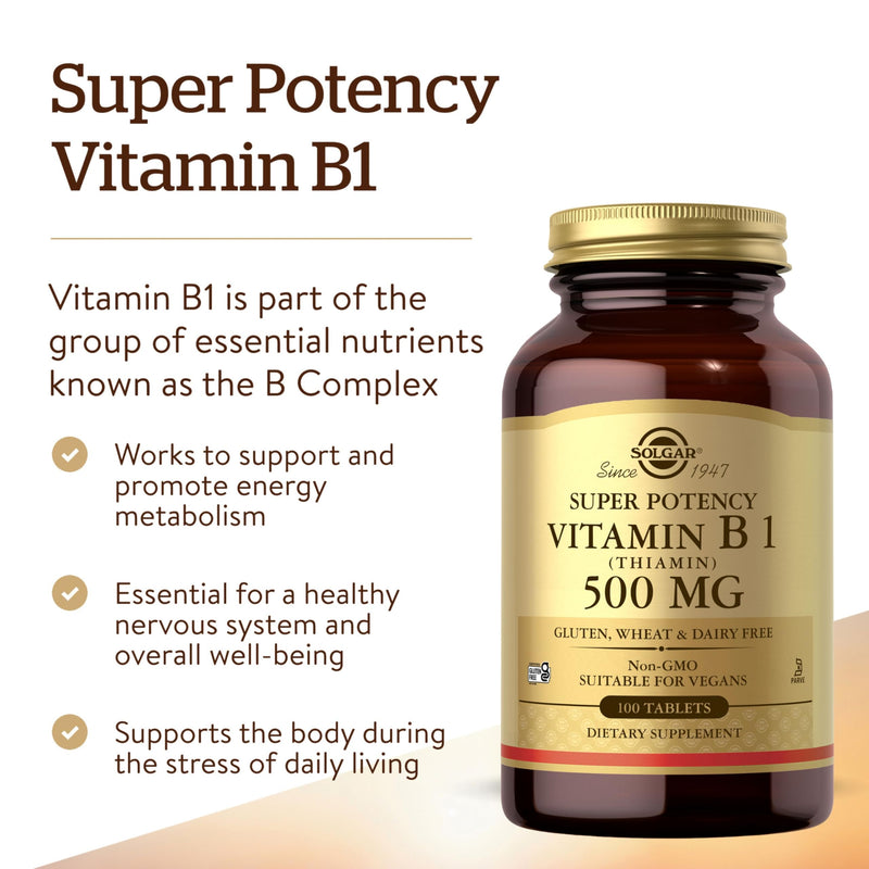 Solgar Vitamin B1 (Thiamin) 500 mg, 100 Tablets - Energy Metabolism, Healthy Nervous System, Overall Well-Being - Super Potency - Non-GMO, Vegan, Gluten Free, Dairy Free - 100 Servings, (Pack of 2) Unflavored 100 Count (Pack of 2)
