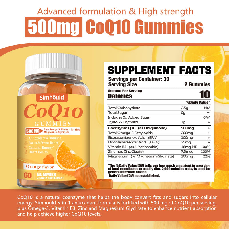 3 Packs CoQ10 500MG Gummies - Plus Omega-3, Magnesium, Vitamin B3 & Zinc - 3X Better Absorption Coenzyme Q10 Supplements for Heart Health, Cellular Energy & Antioxidant, Non-GMO 180 Counts 60 Count (Pack of 3)