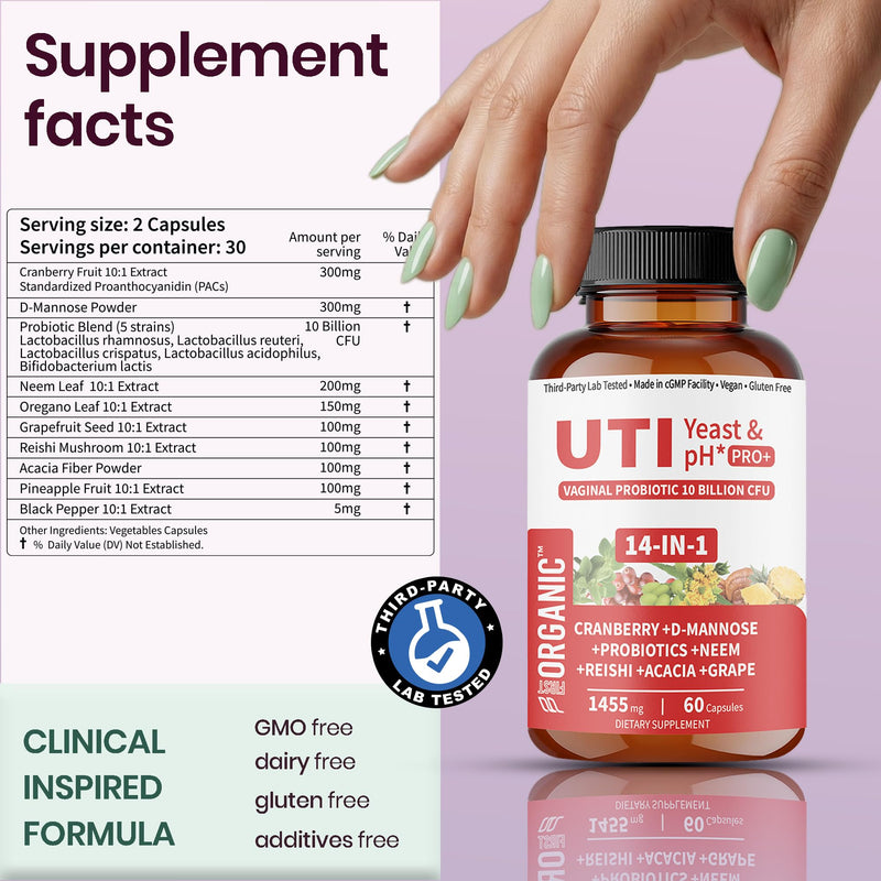 Women’s Vaginal Microflora Probiotic | Supports UTI, Yeast & pH Balance | Daily Hydration Blend with Cranberry, D-Mannose, Aloe & Hibiscus | Odor, Flora & Urinary Tract Care | Vegan, Non-GMO, 60Caps UTI Yeast (60 Capsules) 60 Capsules (Pack of 1) - BeesActive Australia
