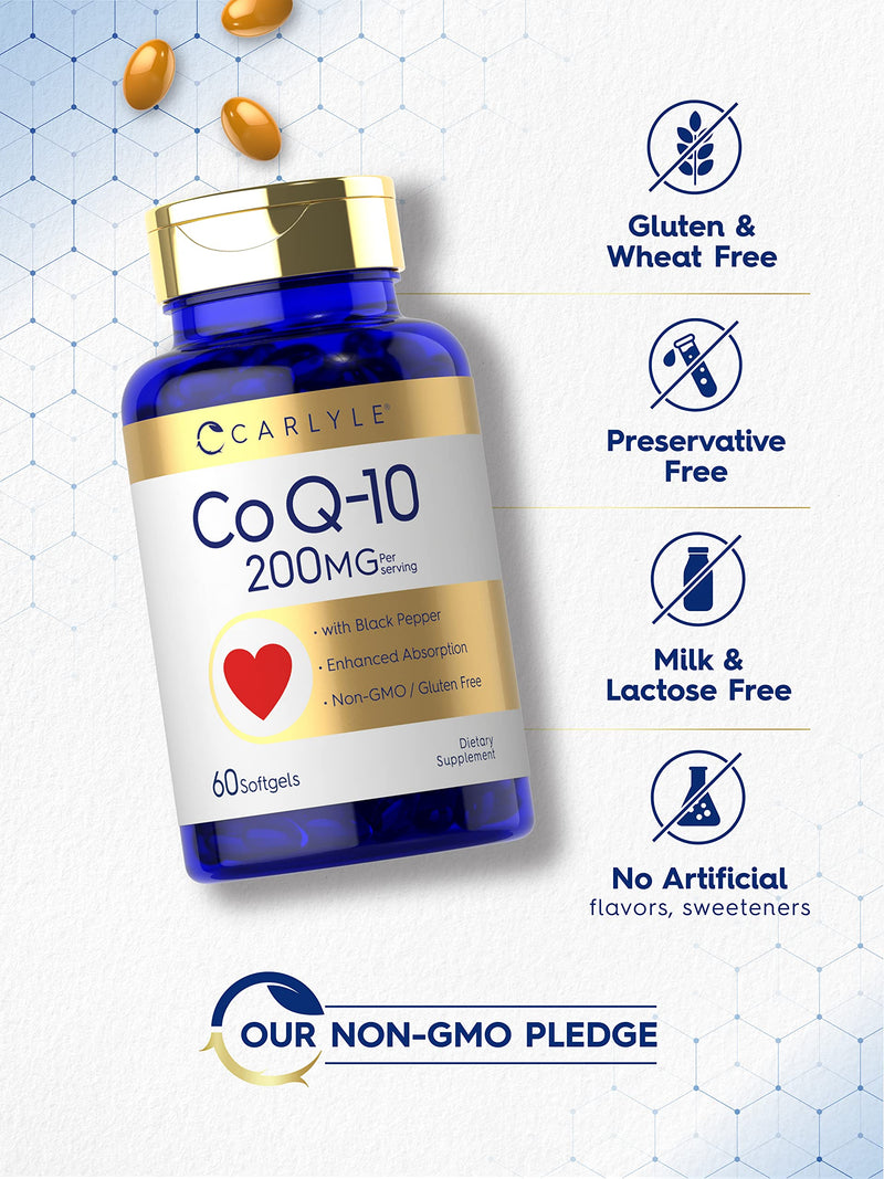 Carlyle CoQ10 200mg Softgels | 60 Count | with Black Pepper | Enhanced Absorption | Non-GMO, Gluten Free Supplement
