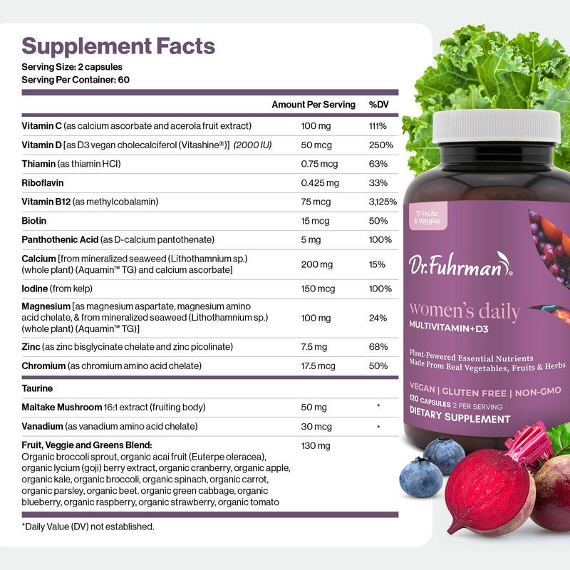 Dr. Fuhrman 2 Month Supply Multivitamin for Women + D3 Vitamin for Immune Support | Vegan Formula Womens Multivitamin with B12 & Zinc | Whole Food multivitamin with 17 Fruits & Veggies | Non GMO Women's