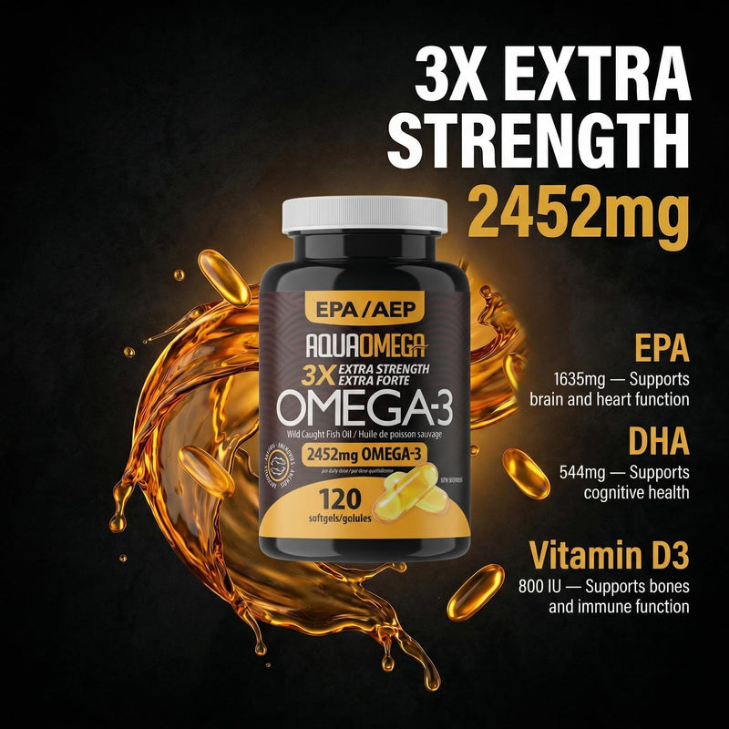 AQUAOMEGA 3X Extra Strength Omega-3 Fish Oil for Heart, Brain & Immune Support, 1636mg EPA, 544mg DHA + Vitamin D3, Full Natural Triglyceride Form, Wild Caught, IFOS 5-Star Certified (120 Softgels) 120 Count (Pack of 1)
