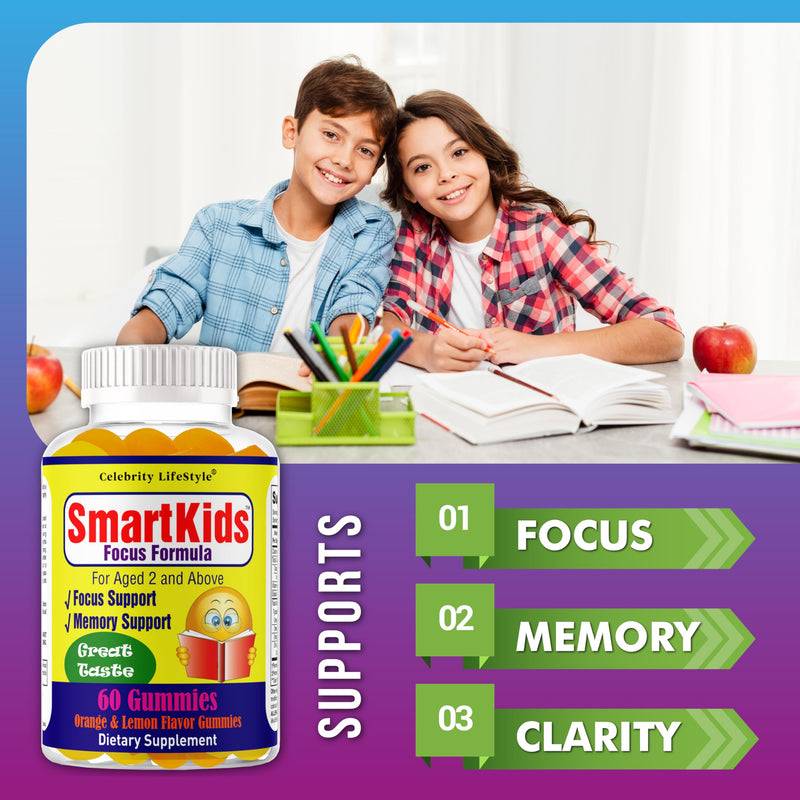 Smart Kids Focus Gummies with Omega 3 6 9 DHA, Brain Support Teen Vitamin, Kids Focus and Attention Supplements, Vegetarian Memory Supplement for Brain, Orange Flavor 60 Gummies