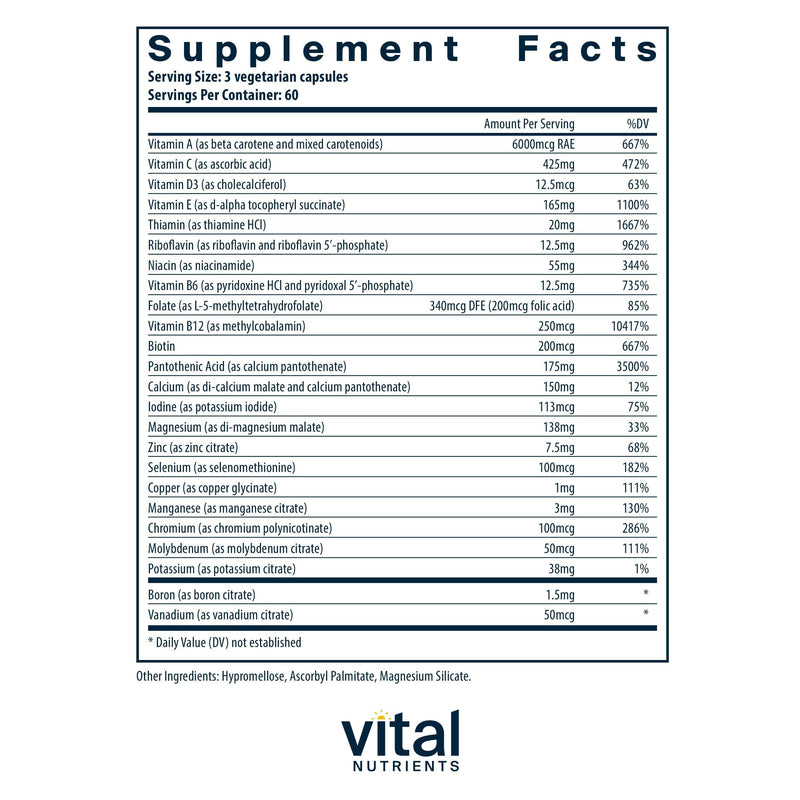 Vital Nutrients Multi-Nutrients 3-Vegetarian Multivitamin-Citrate/Malate Formula-Without Copper or Iron- Multi Vitamin, Mineral, & Antioxidant Supplement- Gluten, Dairy, Soy Free-Non-GMO-180 Capsules