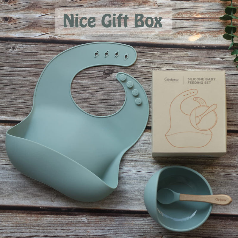 Ginbear Baby Bowls with Suction First Stage, Silicone Bibs, Baby Feeding Spoons, Baby Led Weaning Supplies for Ages 6 Months+ (Hazy Green) Hazy Green - BeesActive Australia