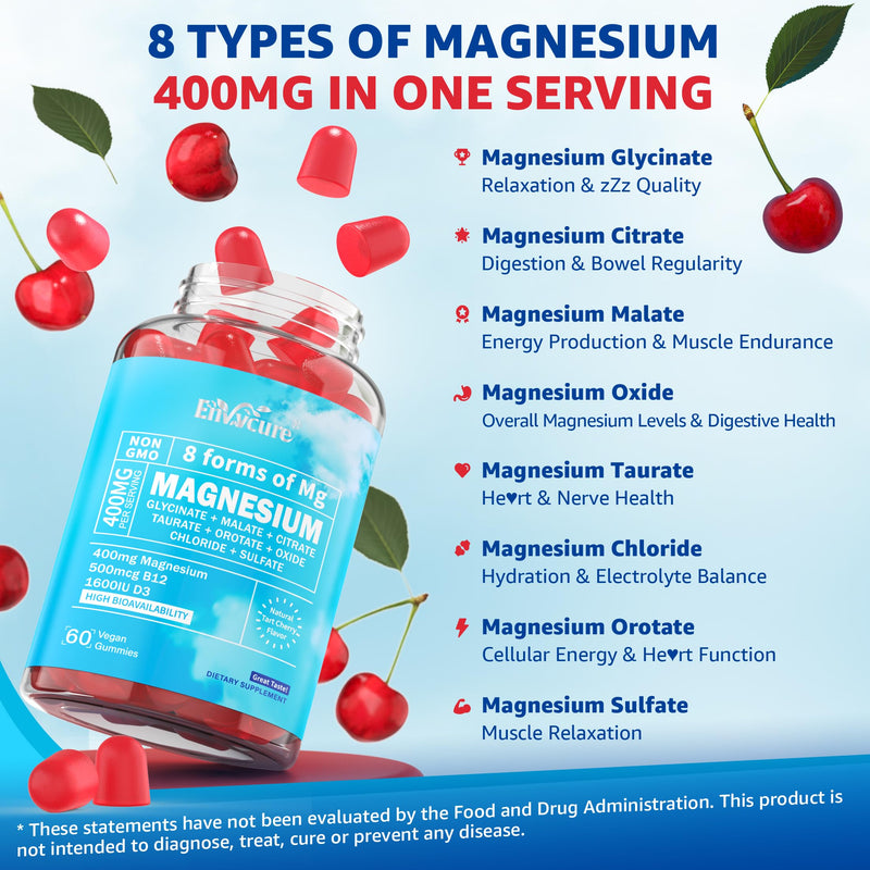 Magnesium Glycinate Complex Gummies 400mg + Ashwagandha | 8 Forms, 120Cts | Magnesium Supplement with Glycinate, Citrate, Malate & More, plus Vitamin D3 & B12, Supports Calm, Zzz & Mood, Vegan. 60 Count (Pack of 2)