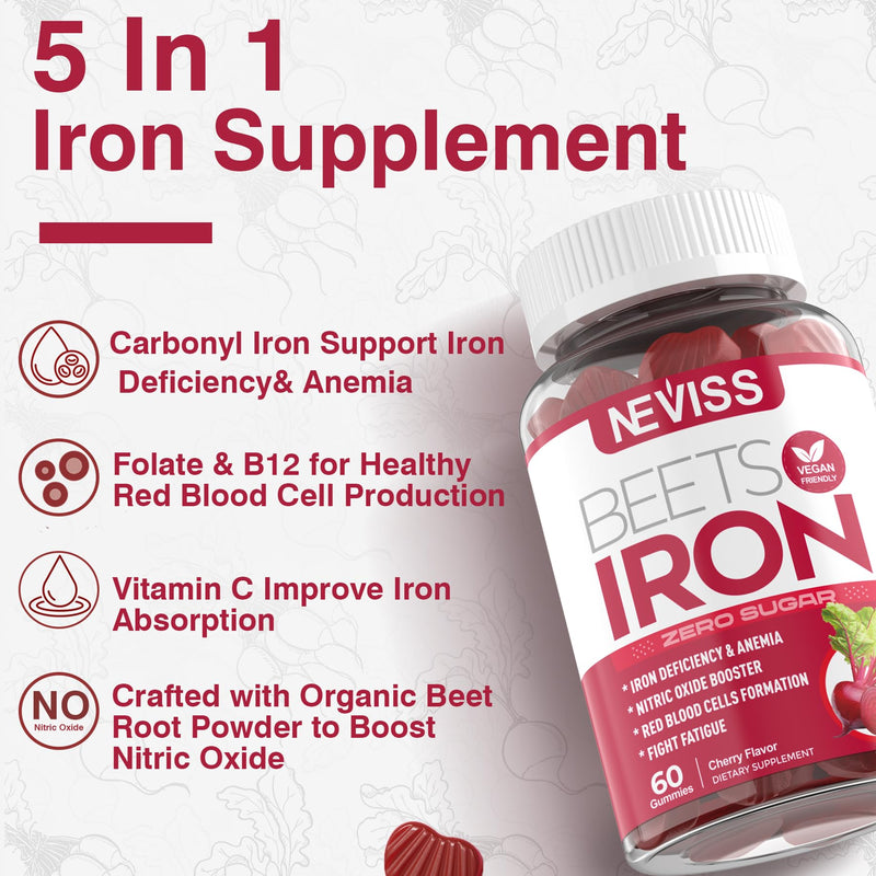 Iron Gummies Supplement for Women, Vitamin C & Beet Root, Vegan, Sugar Free | with Methyl B12, Folate, Increase Iron Levels, Energy Support, Fight Fatigue, Gentle on Stomach, High Absorption, 120 Count 60 Count (Pack of 2)