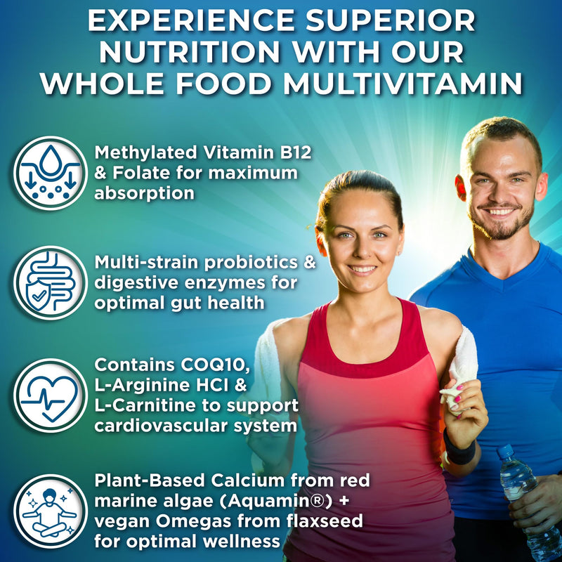 Vegan Whole Food Daily Multivitamin with Iron, Methylated Multivitamin for Women and Men, Made with Fruits & Vegetables, B-Complex, Probiotics, Enzymes, CoQ10, Omegas, Turmeric, Non-GMO, 90 Count 90 Count (Pack of 1) Unisex Multivitamin With Iron