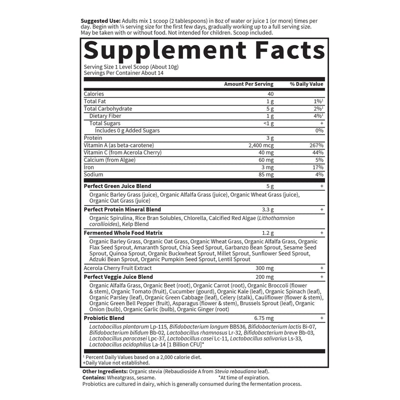 Garden of Life Perfect Food Original Super Green Formula, 14 Servings | Plant Based Superfood Powder with Probiotics, Enzymes and Greens Concentrates for Immune Support and Digestive Support 4.94 Ounce (Pack of 1)